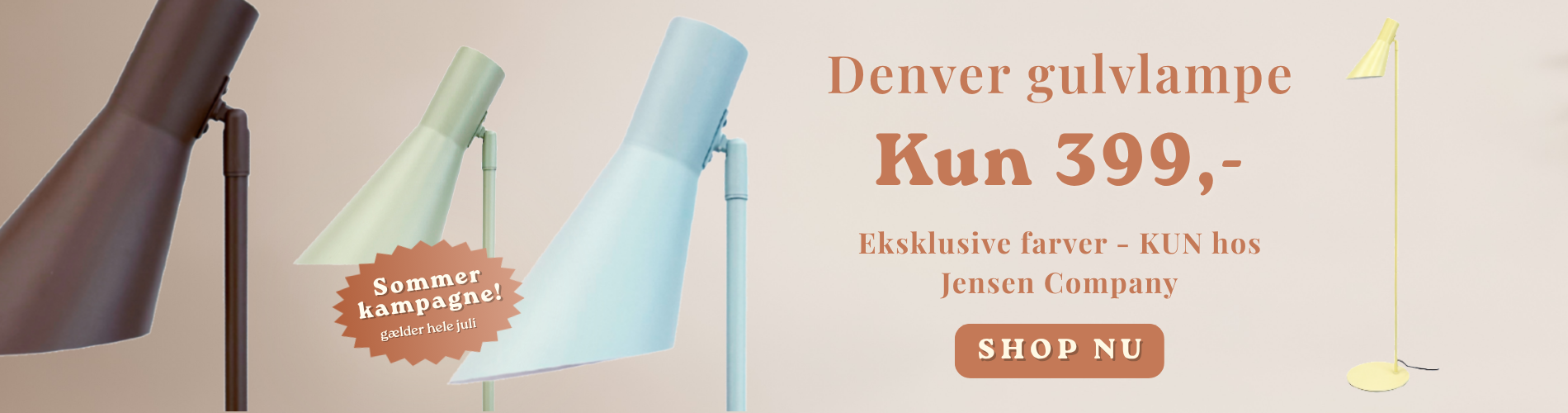 Sommertilbud på Denver gulvlampen i eksklusive farver - KUN hos Jensen Company. Gælder hele Juli