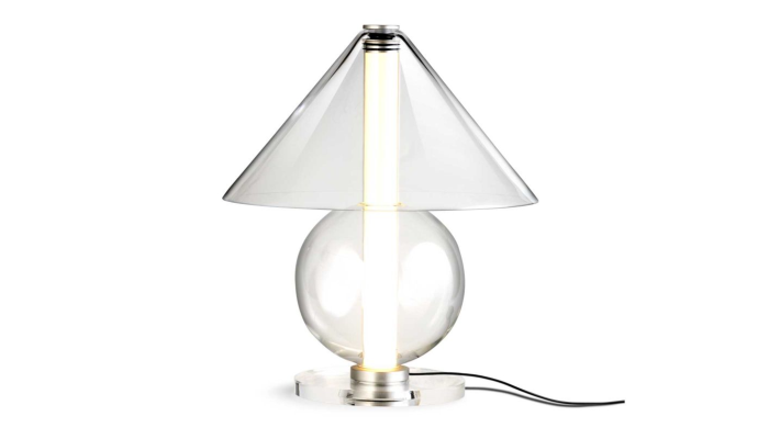 Bordlampe i klart glas med lyskilden i midten som en s&oslash;jle