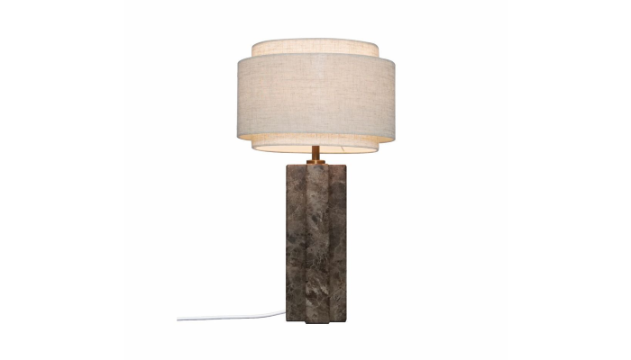 Bordlampe med fod af marmor og sk&aelig;rm delt i 2 med tekstil