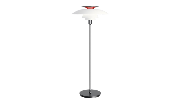 PH 80 gulvlampe med 3 sk&aelig;rme og r&oslash;d top og stander i krom